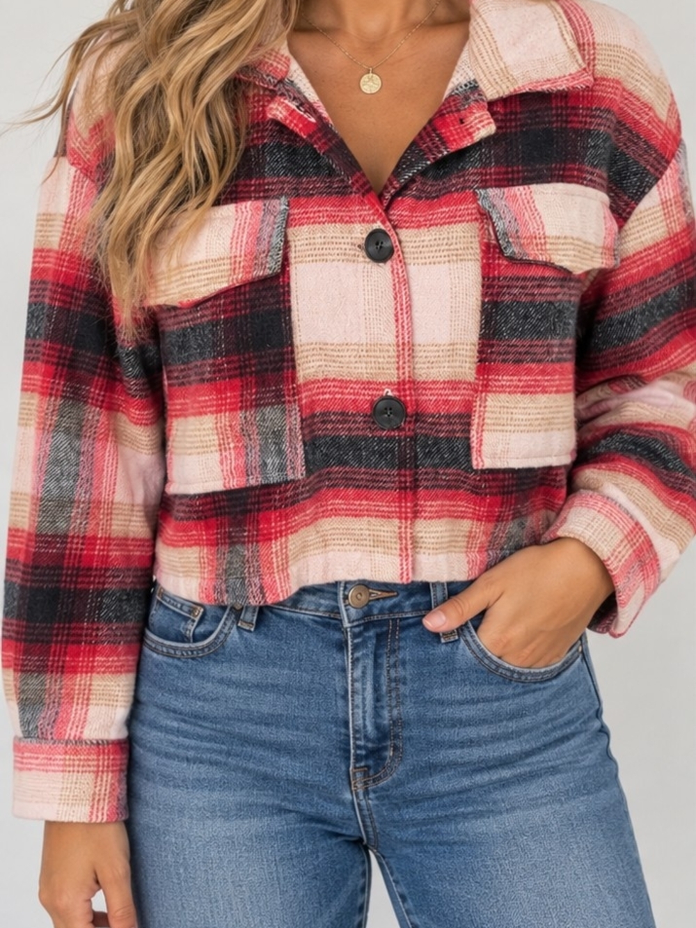 Elan Cropped Plaid Button-Down Shirt in Red, Pink and Black